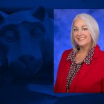 A headshot of Teresa Swenson, wearing professional attire, placed over an image of a Penn State Nittany Lion statue.
